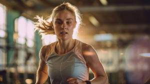 Femme blonde sportive en train de courir sur un tapis à la salle de sport