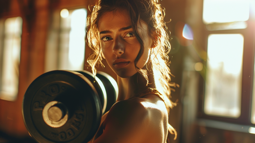 Femme sportive fitness girl qui soulève une haltère à la salle de sport