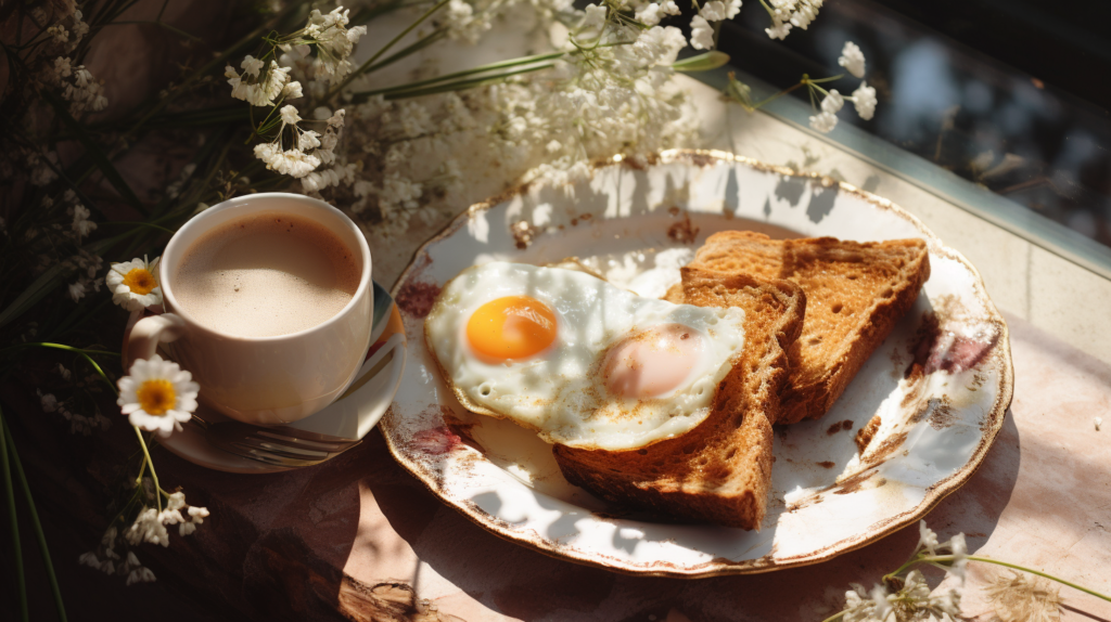 Petit-déjeuner composé d'oeufs au plat, de pain complet, de bacon grillé, d'une tasse de café, le tout posé sur une table en bois, à côté d'un bouquet de fleurs séchées