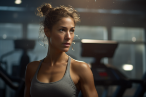 Jeune femme brune au regard déterminé qui s'entraîne à la salle de sport