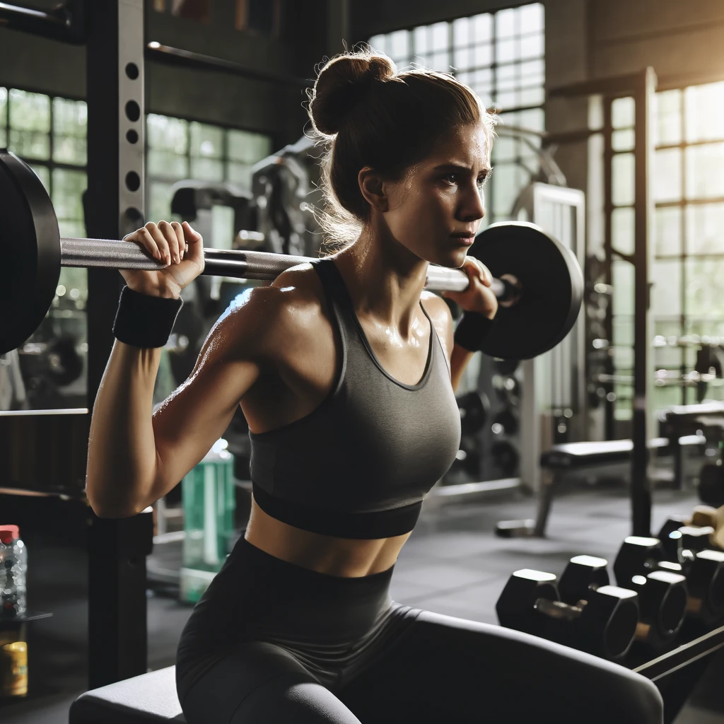 Femme au regard déterminé et motivée en salle de sport en train de soulever une barre de fonte sur ses épaules